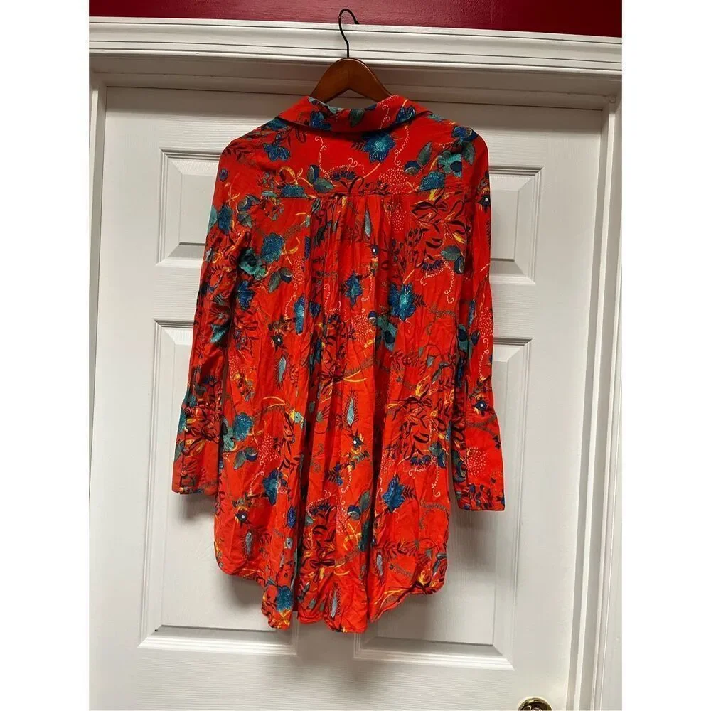 Free People Take Me Away Orange Hi-Lo long Sleeve Mini Boho Dress sz XS EUC